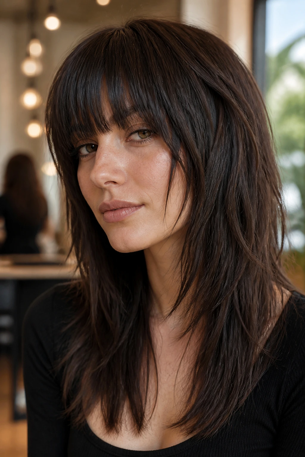 Close-up of a real woman with heavy straight bangs and long, choppy layers in a sunlit salon