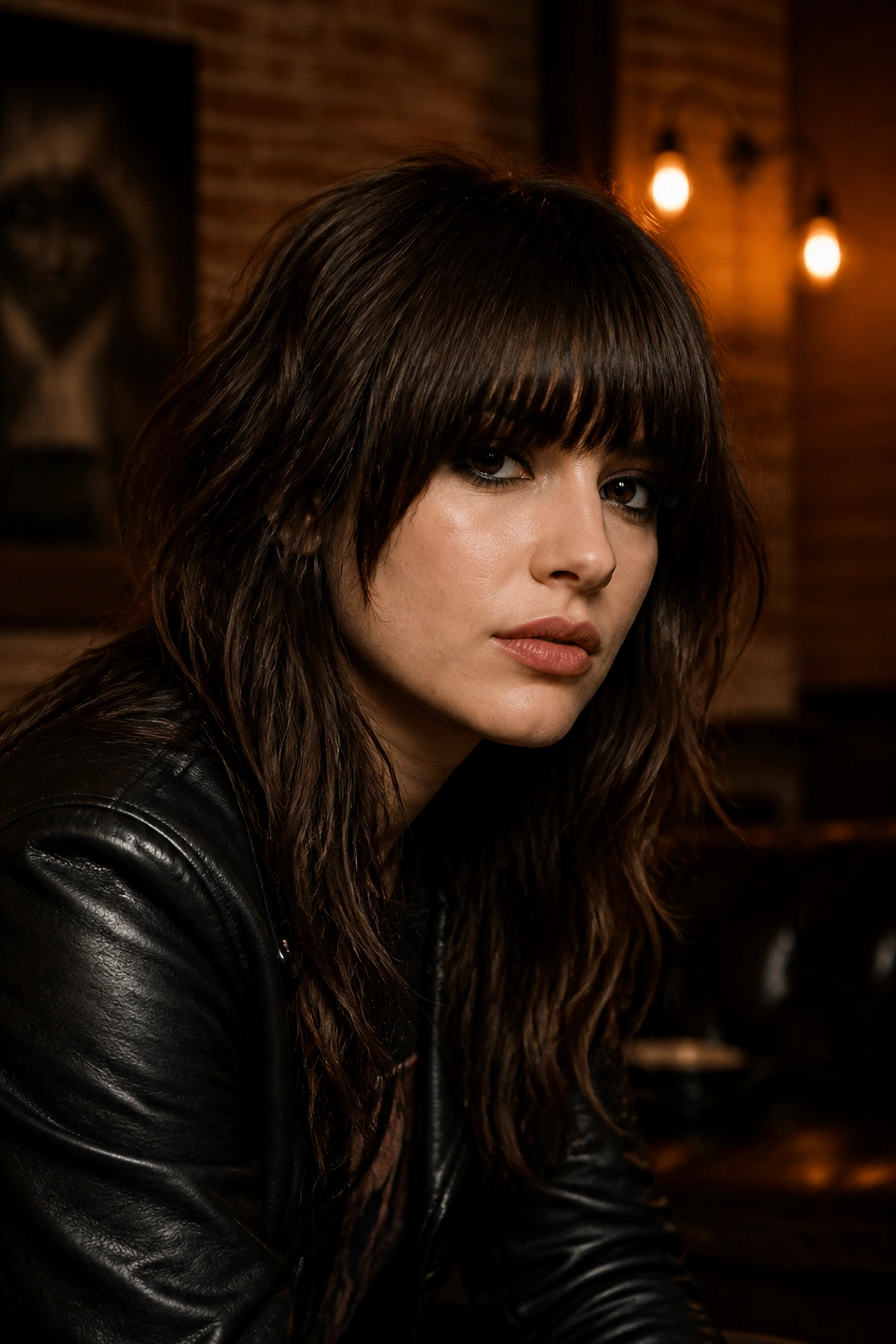 Close-up portrait of a real woman with heavy bangs on a rocker-style long shag