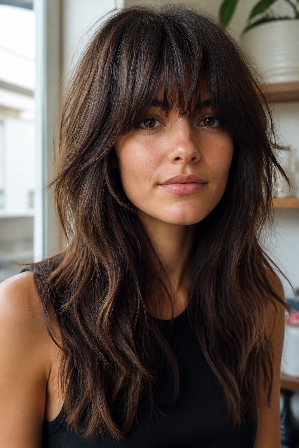 Portrait of a real woman with thick, heavy choppy bangs and long layers in daylight
