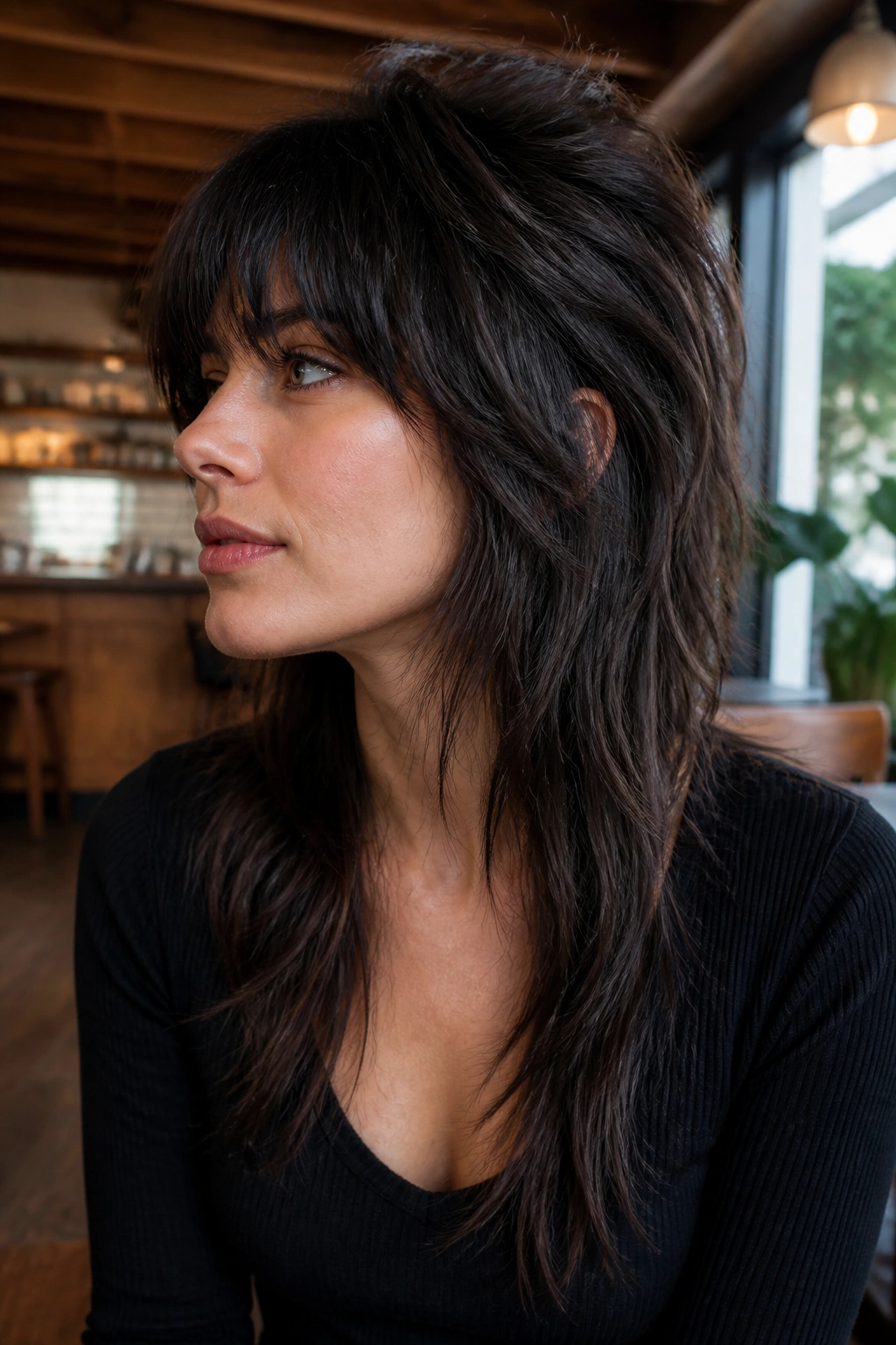 Portrait of a real person with heavy crown, tapered length wolf cut.