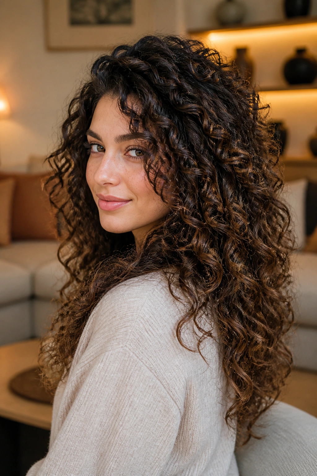 Close-up portrait of a real person with heavy curls reduced by long layers, showing lifted, airy texture