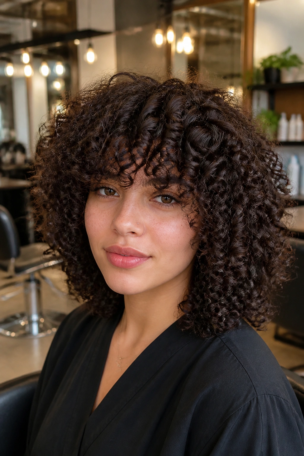 Close-up of a real woman with a heavy full curly bangs fringe in a salon setting