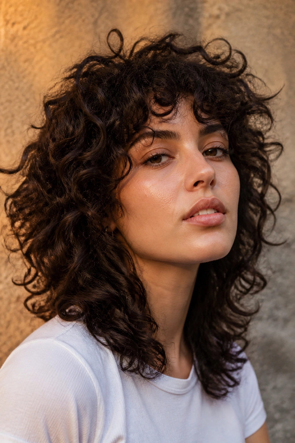 Close-up of a real person with heavy-density curly shag under warm lighting.
