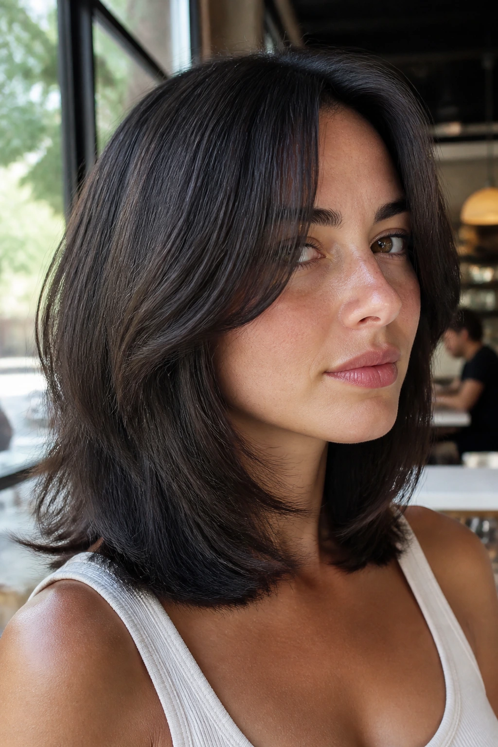 Close-up of a real woman with shoulder-length heavy-edged layers and a defined silhouette