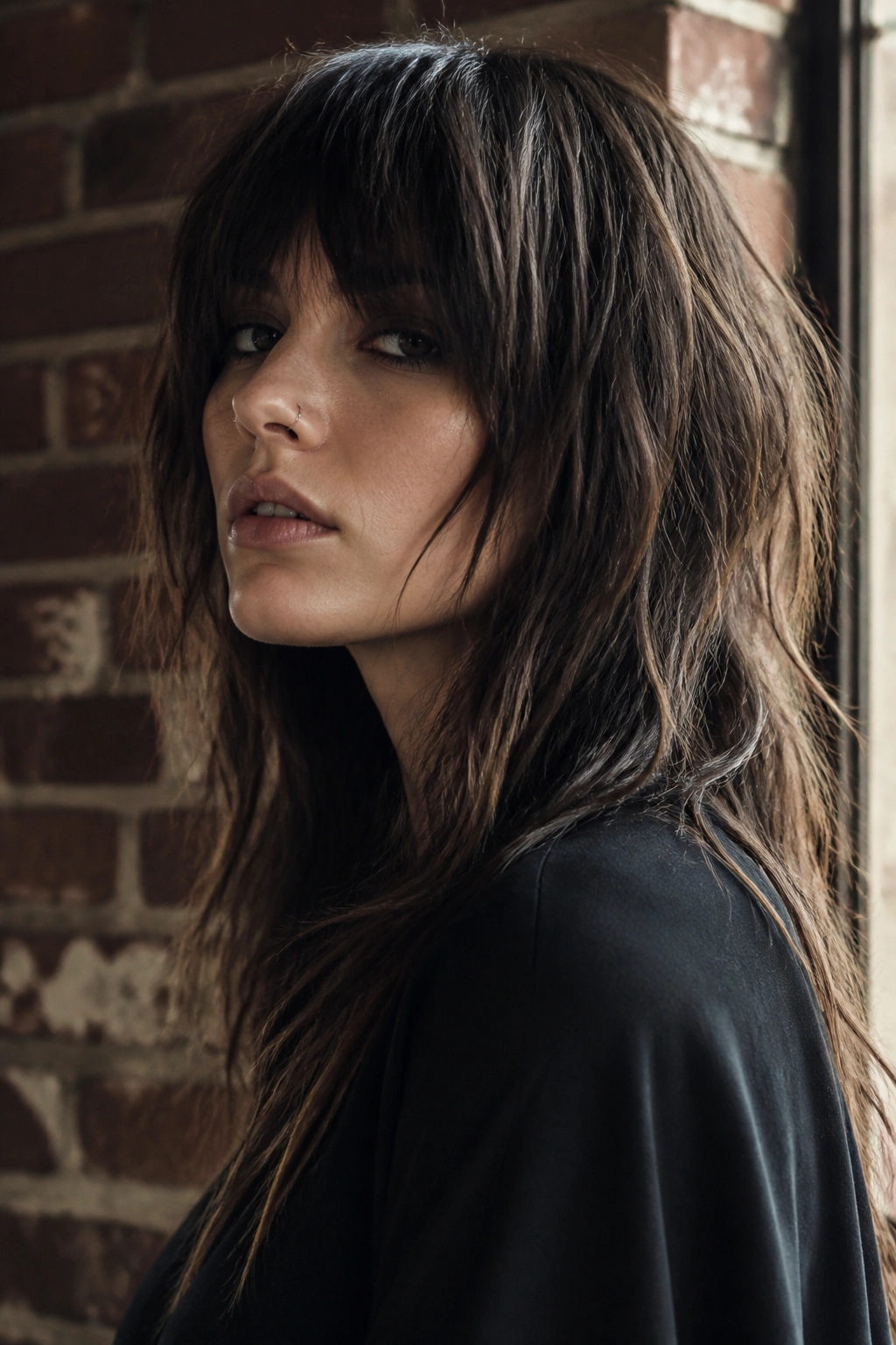 Close-up of a real woman with a heavy fringe and long broken layers for a grunge look.