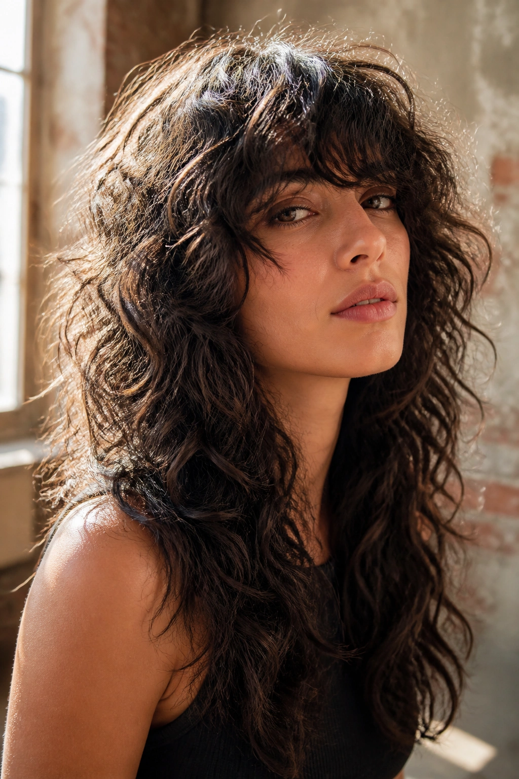 Close-up portrait of a real woman with a heavy fringe curly shag and long rest of hair