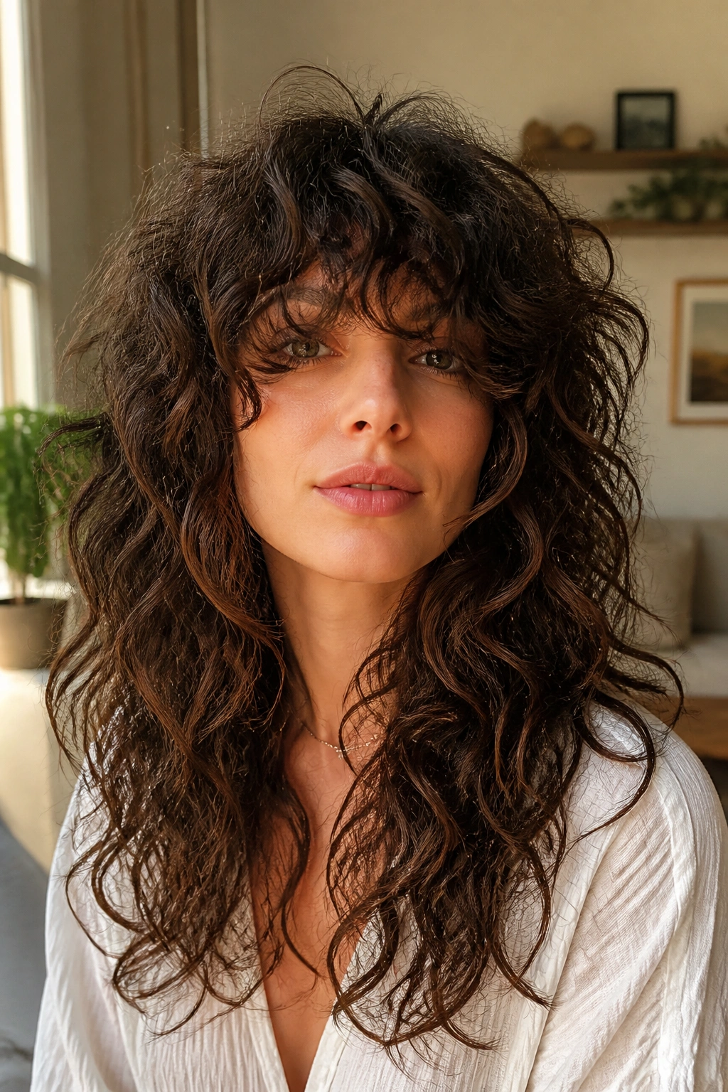 Close-up of a real woman with a heavy fringe and curly shag haircut, foreground focus on the fringe