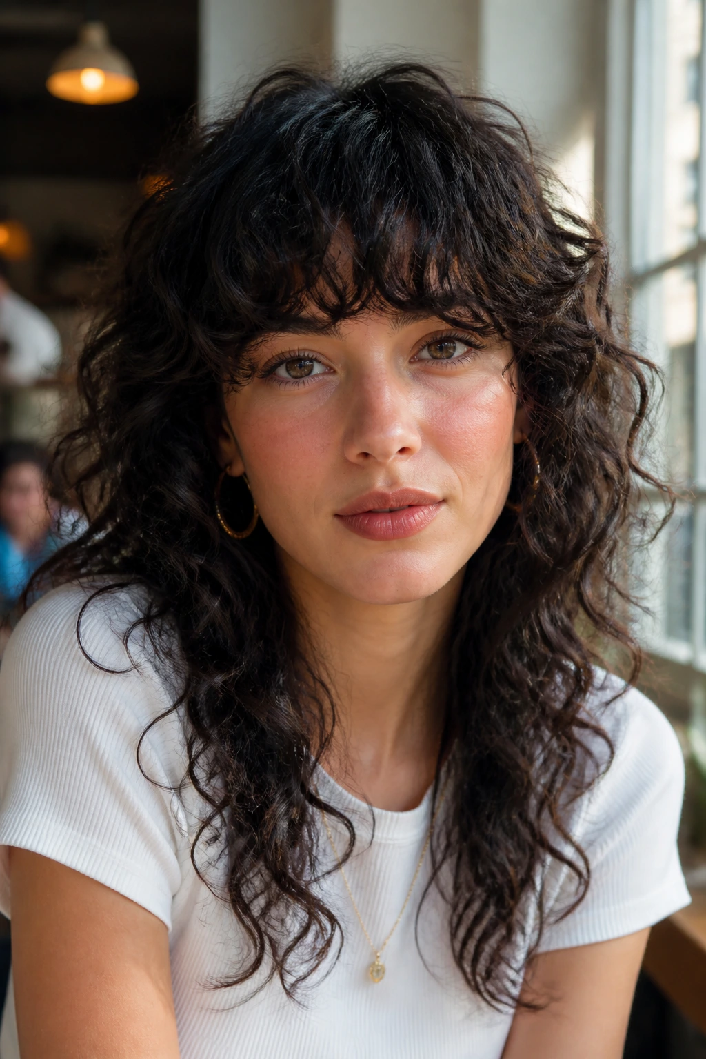 Close-up of a real woman with heavy fringe curly shag in a bright cafe