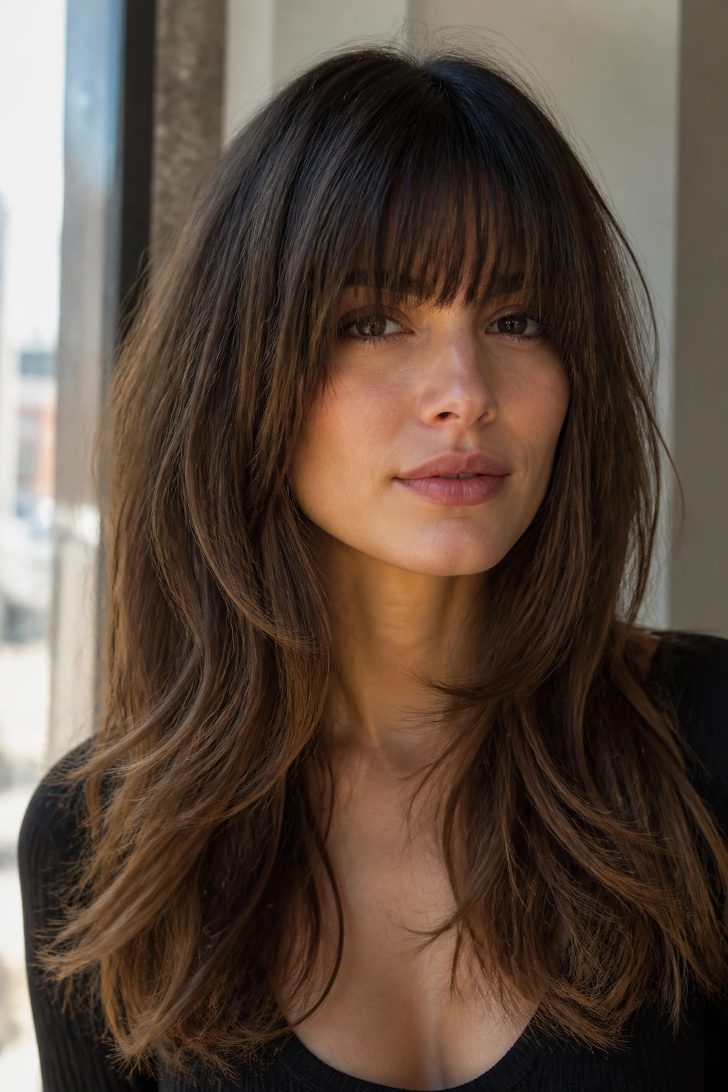 Close-up portrait of a real woman with a heavy fringe and long layered hair.