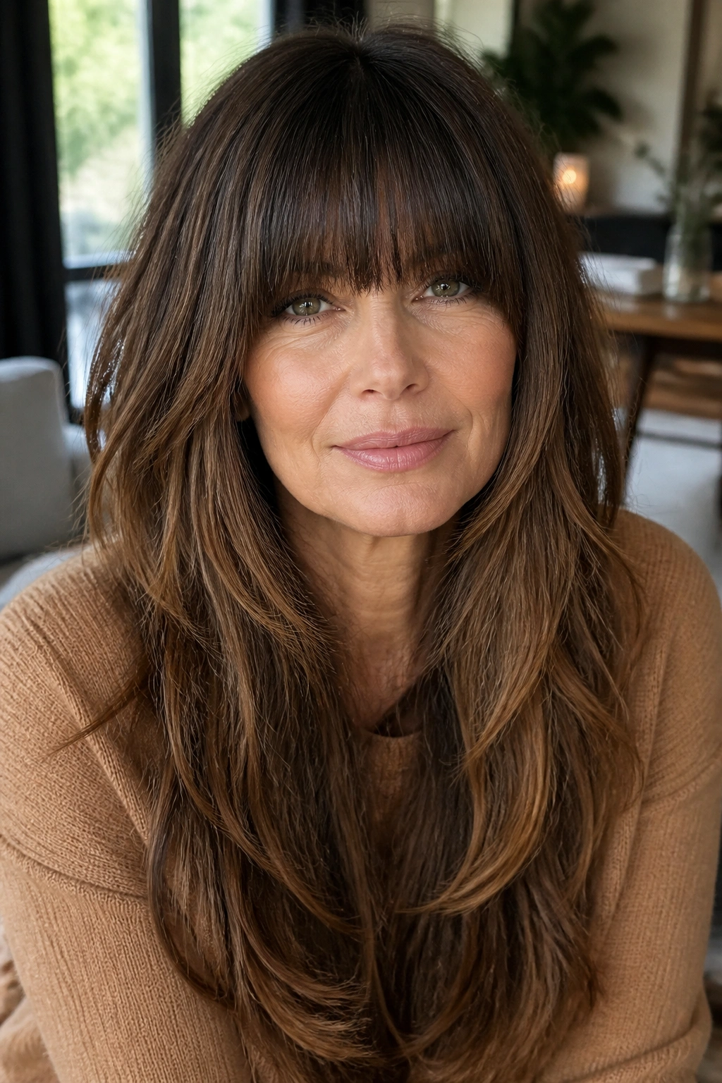 Close-up of a real woman with heavy fringe and long sweeping lengths in a sunlit living room