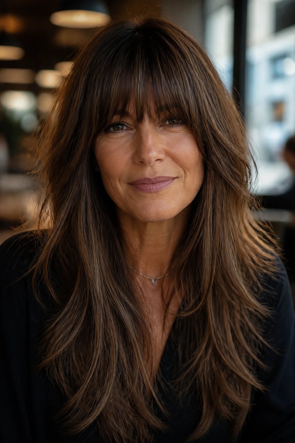 Portrait of a real woman with heavy fringe and long layers.