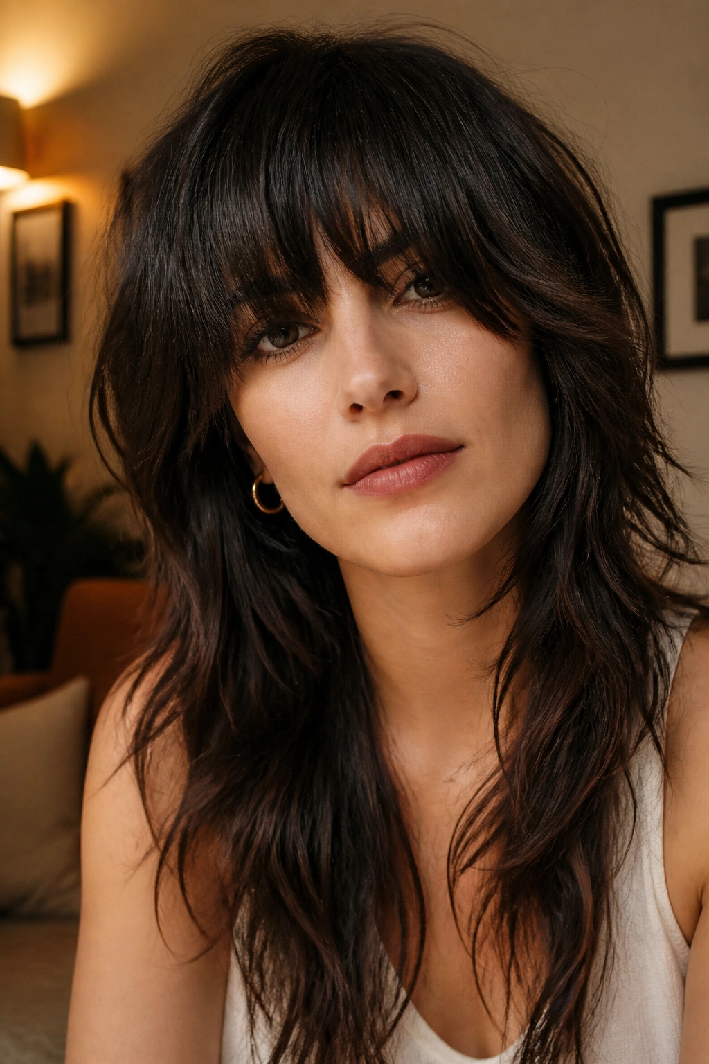 Portrait of a real woman with heavy fringe integrated into a long shag hairstyle