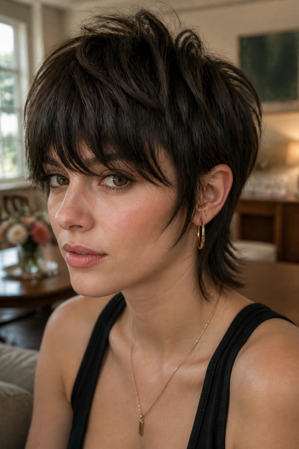 Portrait of a real woman with heavy fringe pixie mullet in window-lit living room