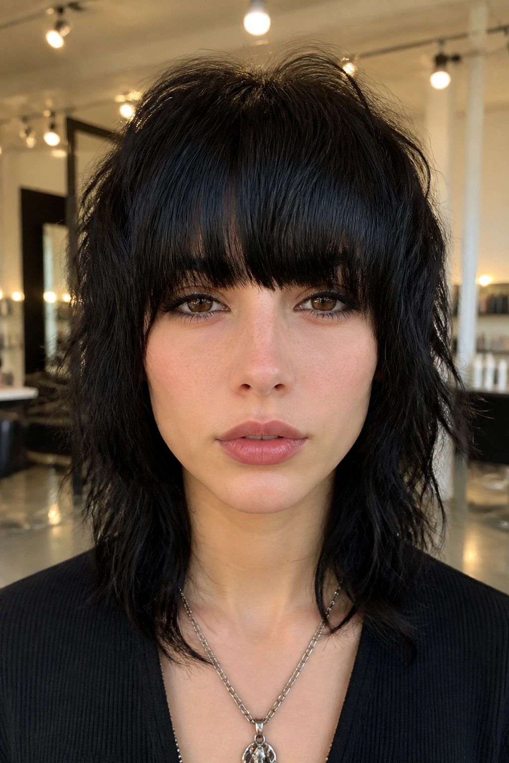 Front portrait of a real woman with heavy fringe rebel shag hairstyle