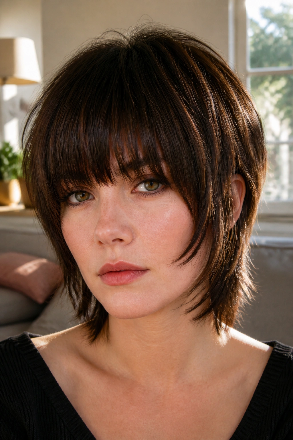 Portrait of a woman with heavy fringe shag and cheek-skimming sides in a bright room.