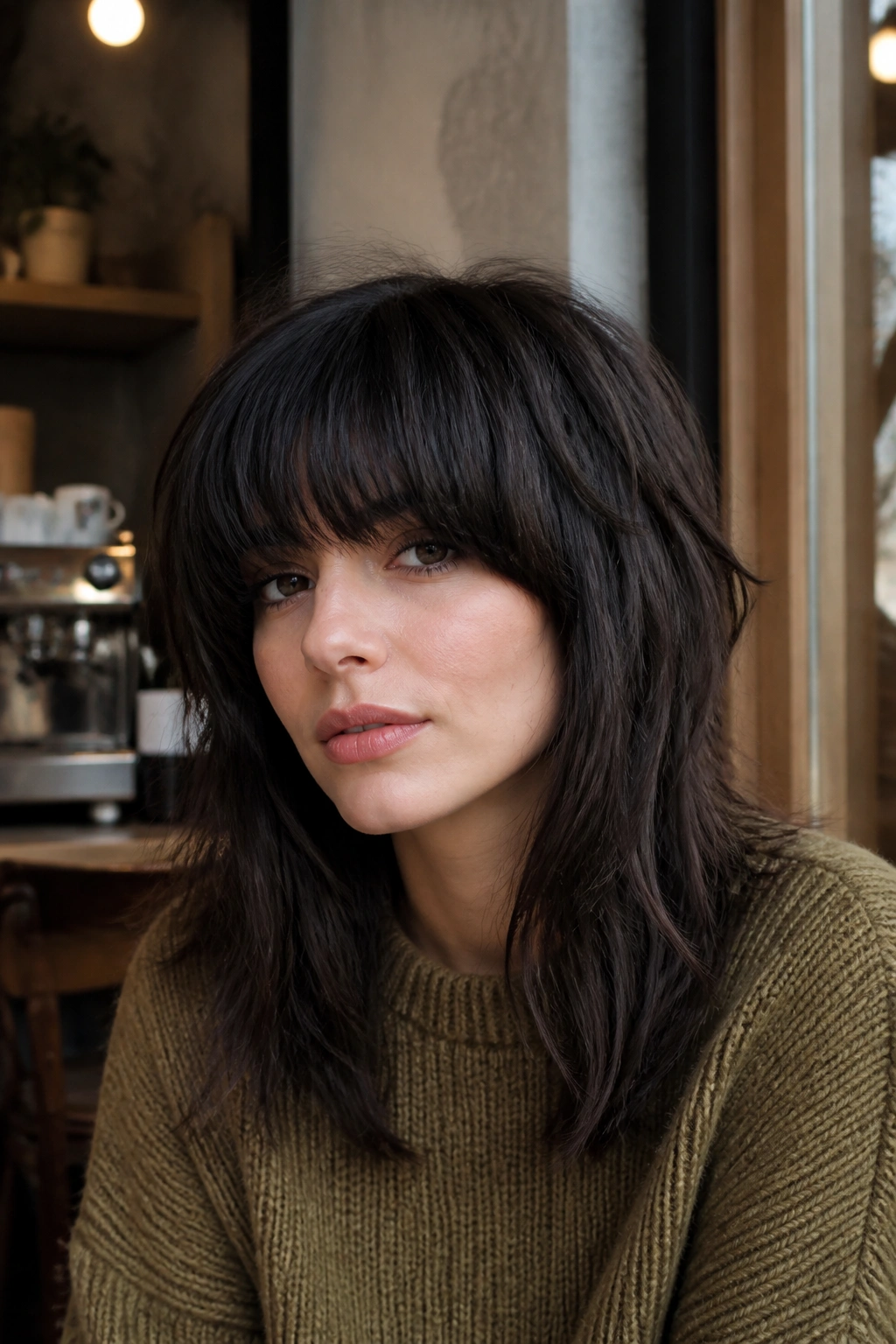 Real person with heavy fringe shag hairstyle portrait in cafe setting
