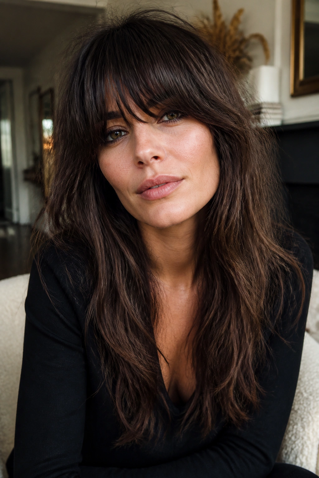 Real woman with heavy fringe shag and long textured layers in a warm living room setting.