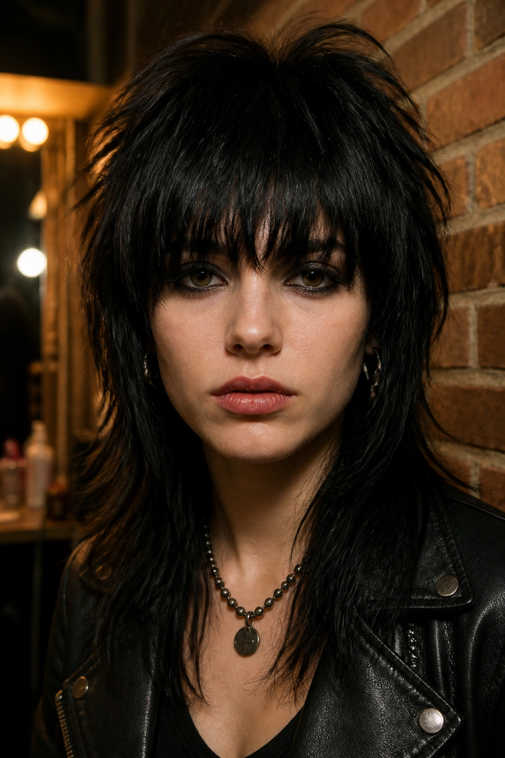 Close-up portrait of a real person with heavy fringe rocker shag in a backstage brick space