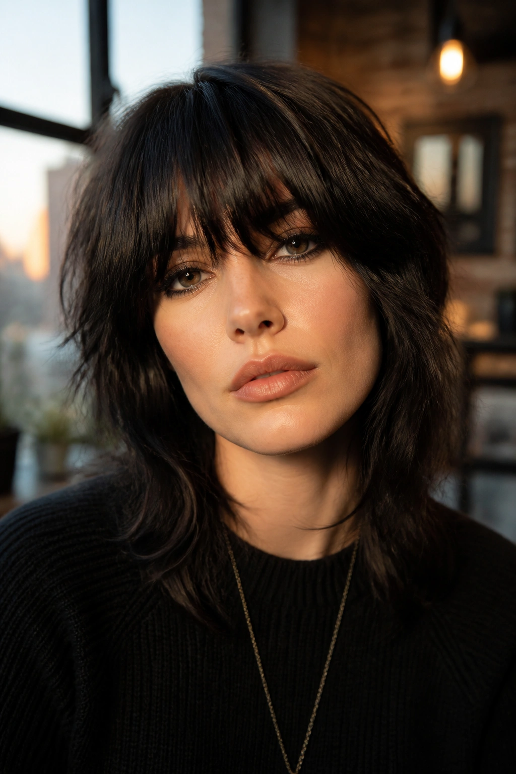 Close-up portrait of a real woman with heavy fringe shag and bold bangs in warm loft light