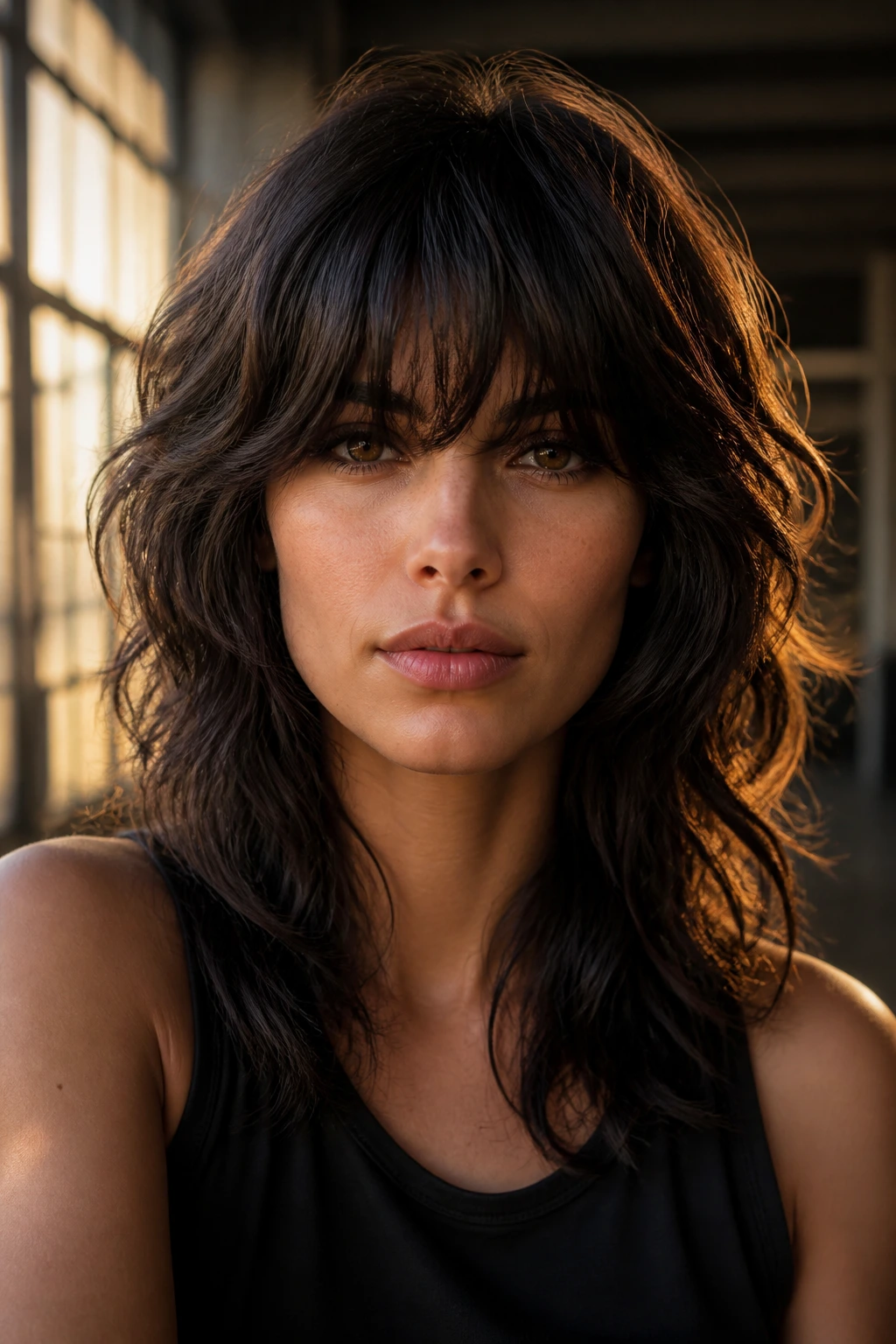 Close-up portrait of a real woman with a heavy fringe shag