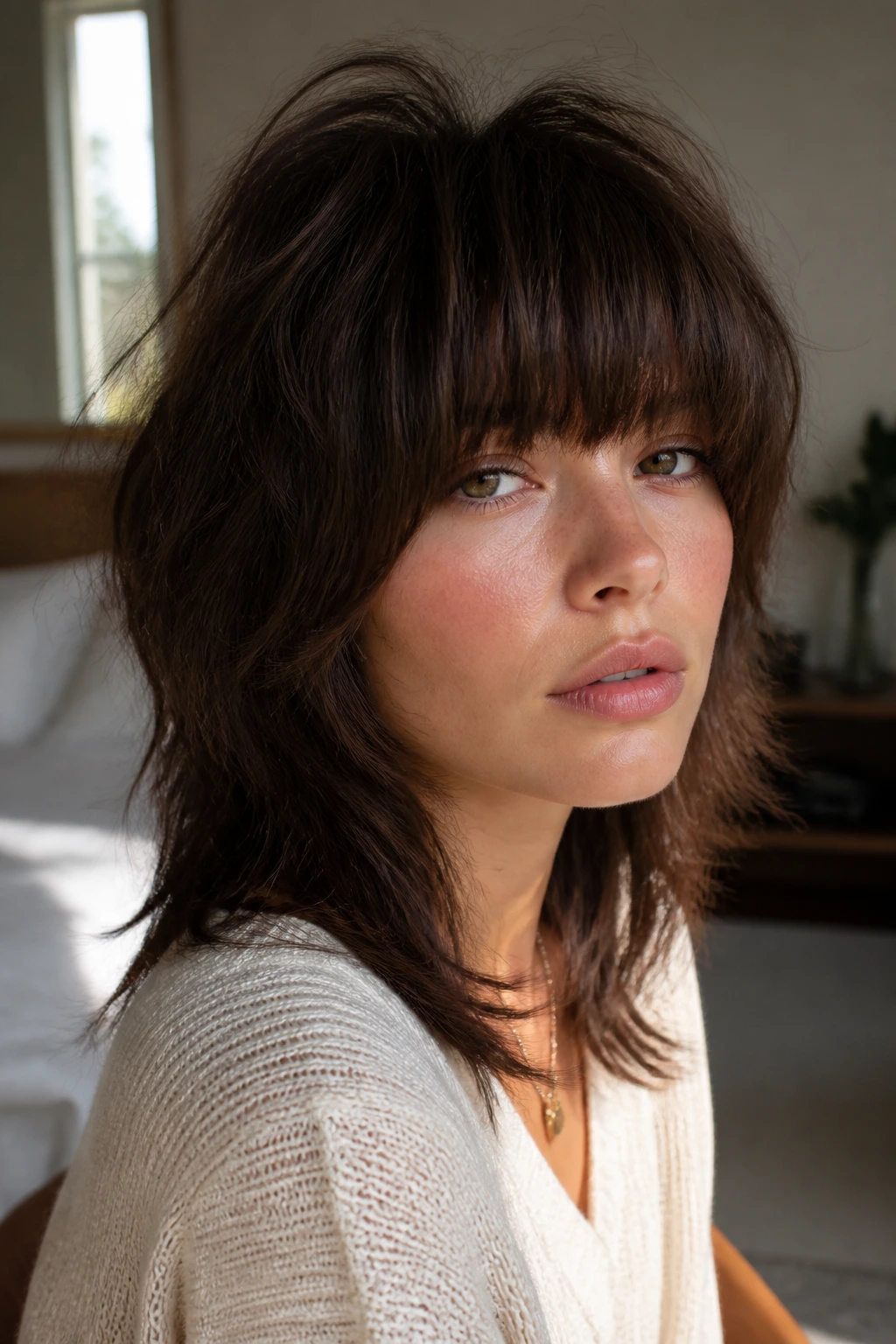 Close-up portrait of a real woman with heavy fringe shag haircut featuring thick bangs and textured layers
