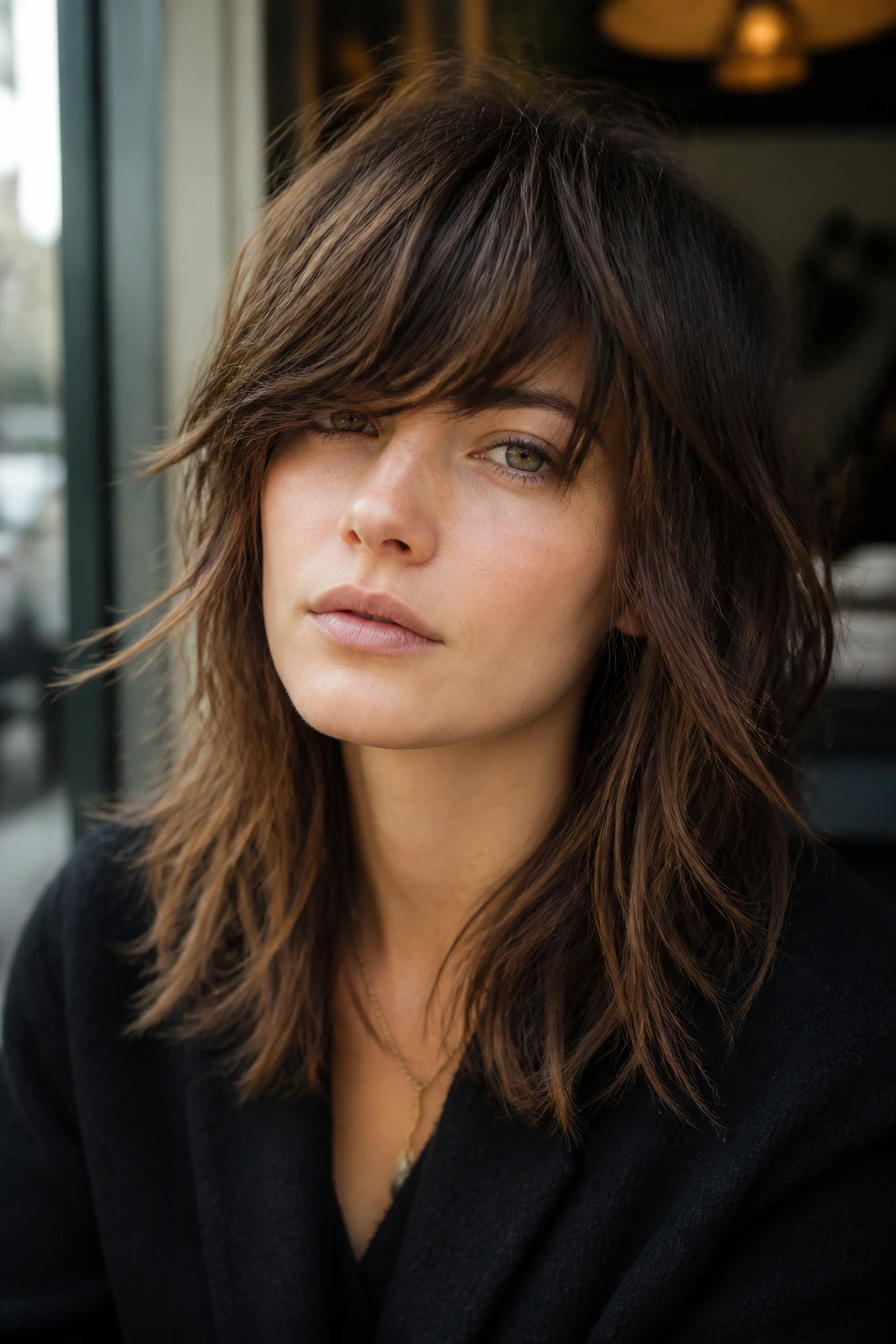 Close-up of a real person with brow-length heavy fringe integrated into a soft shag under cafe light.