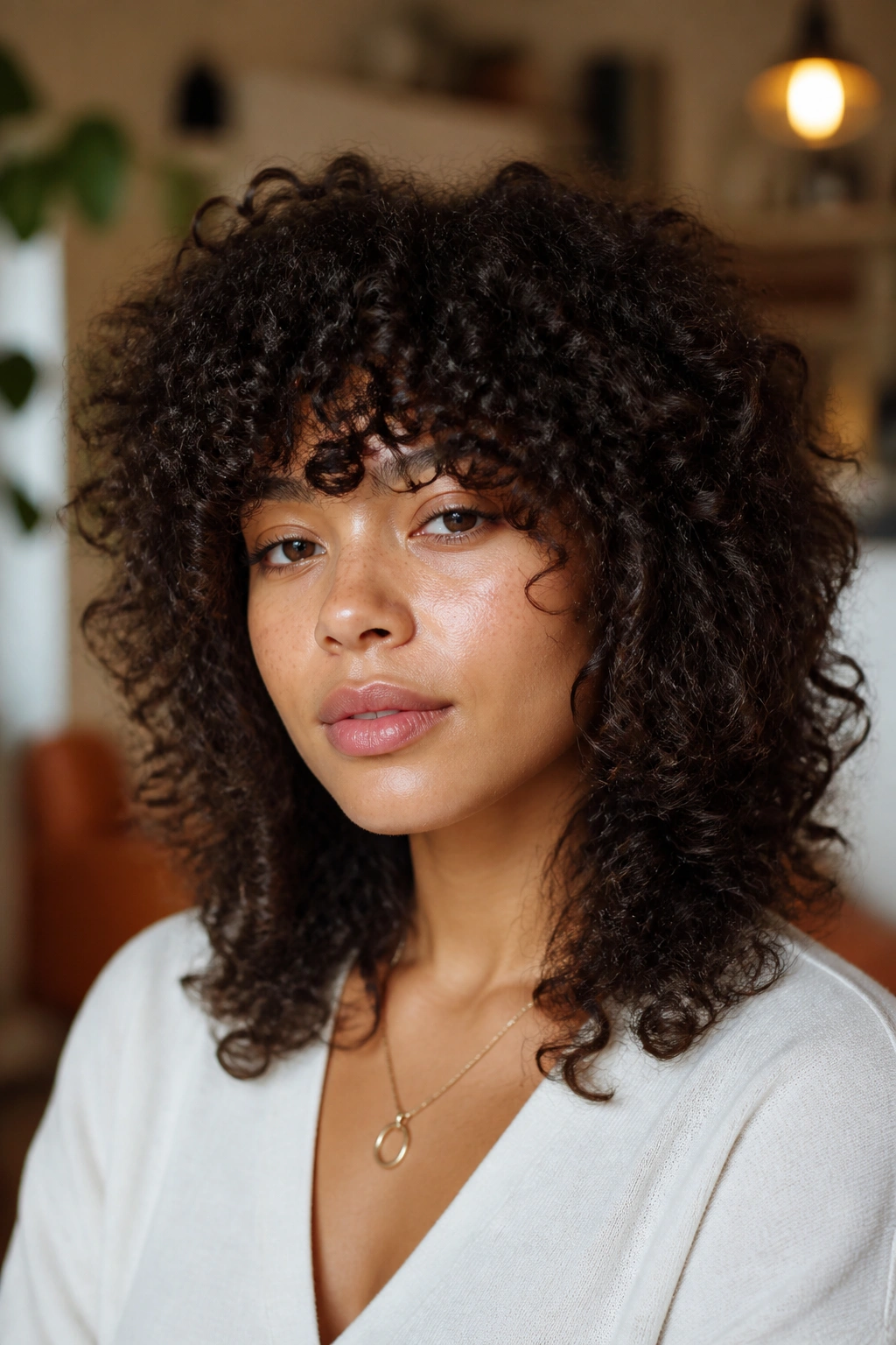 Portrait of a real person with a heavy fringe shag framing the face on coily curls