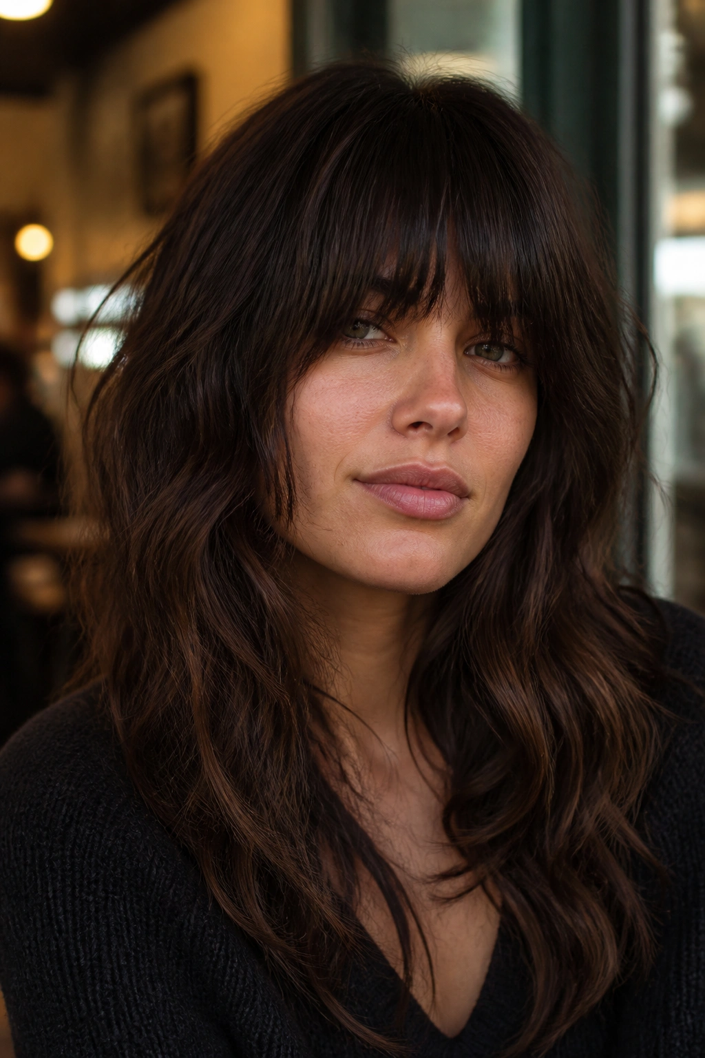 Real woman wearing a Heavy Fringe Shag with dense fringe above the brows