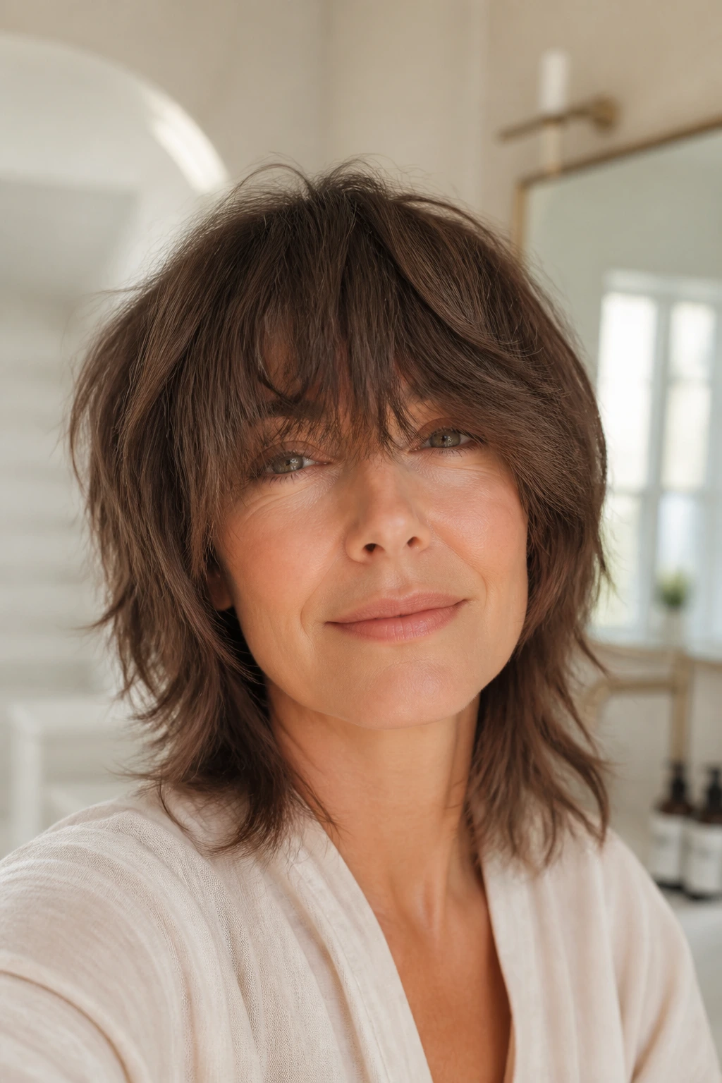 Close-up of a woman with heavy fringe shag balancing a high forehead