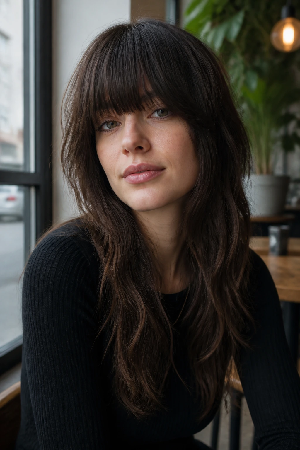Close-up of a real woman with heavy fringe long shag