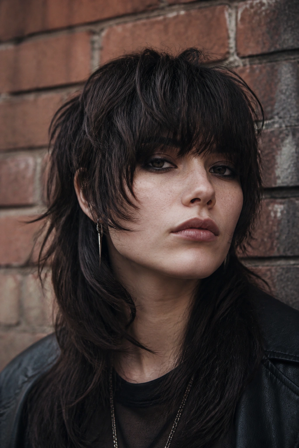 Close-up portrait of a real person with a heavy fringe shag mullet in moody urban light