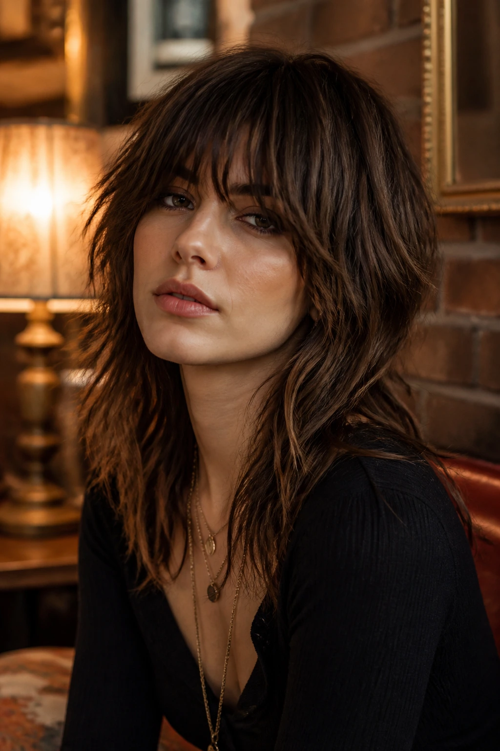 Medium close-up of a real woman wearing a heavy fringe shag with piecey ends in warm lighting