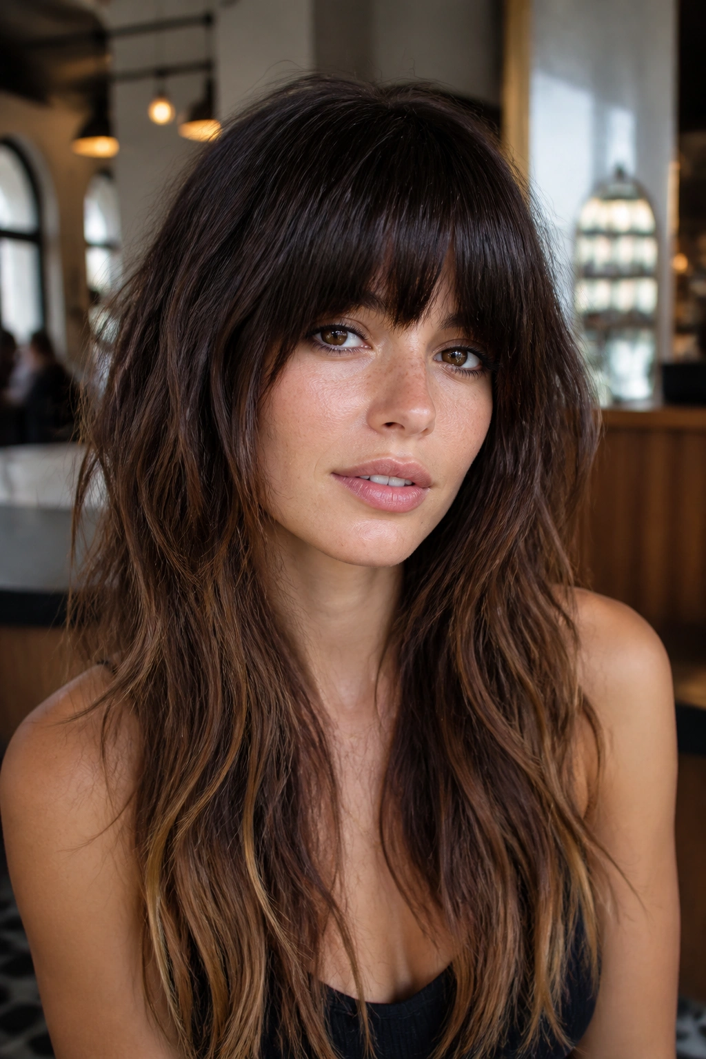 Close-up portrait of a real woman with heavy fringe shag and bold bangs in a stylish setting