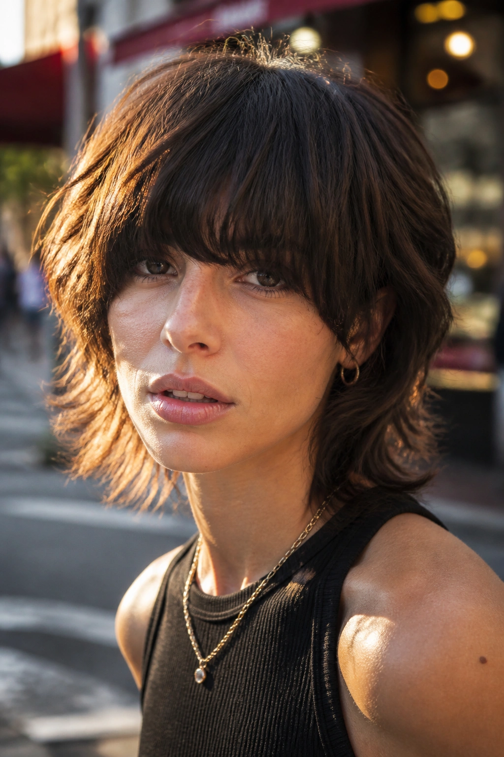Portrait of a real person with a heavy fringe shag hairstyle outdoors