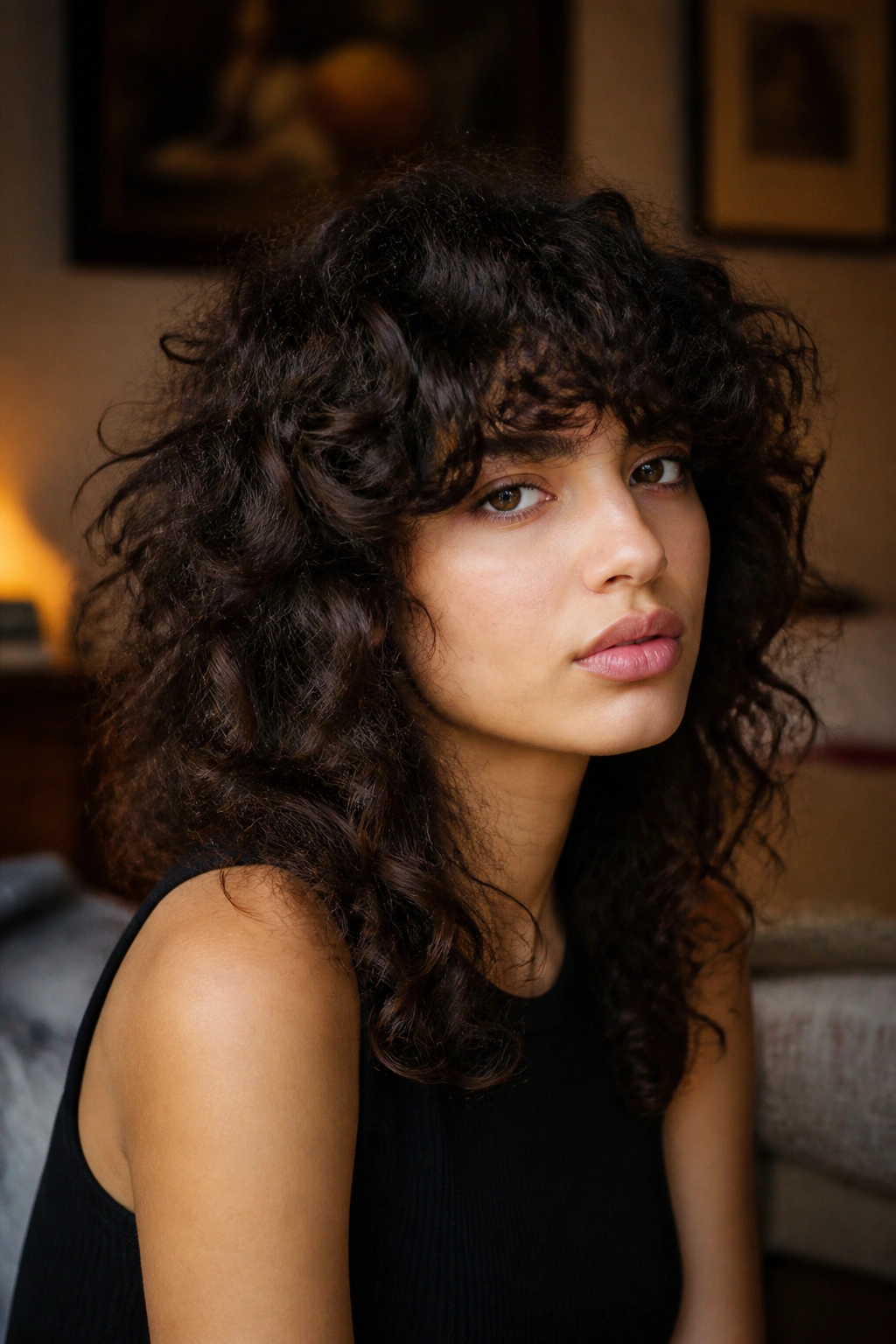 Portrait of a real person with thick curls and a heavy fringe in moody indoor lighting.