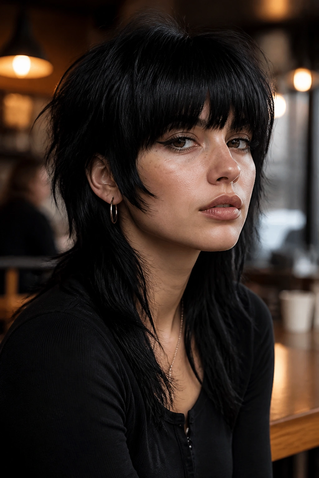 Portrait of a person with heavy fringe black wolf cut