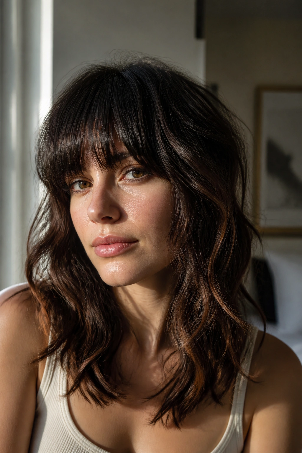 Close-up of a real woman with a thick heavy fringe wolf cut