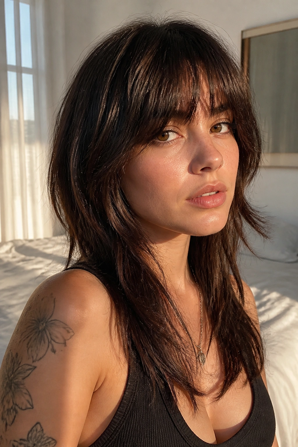 Close-up of a real woman with a heavy fringe wolf cut and brow-length bangs