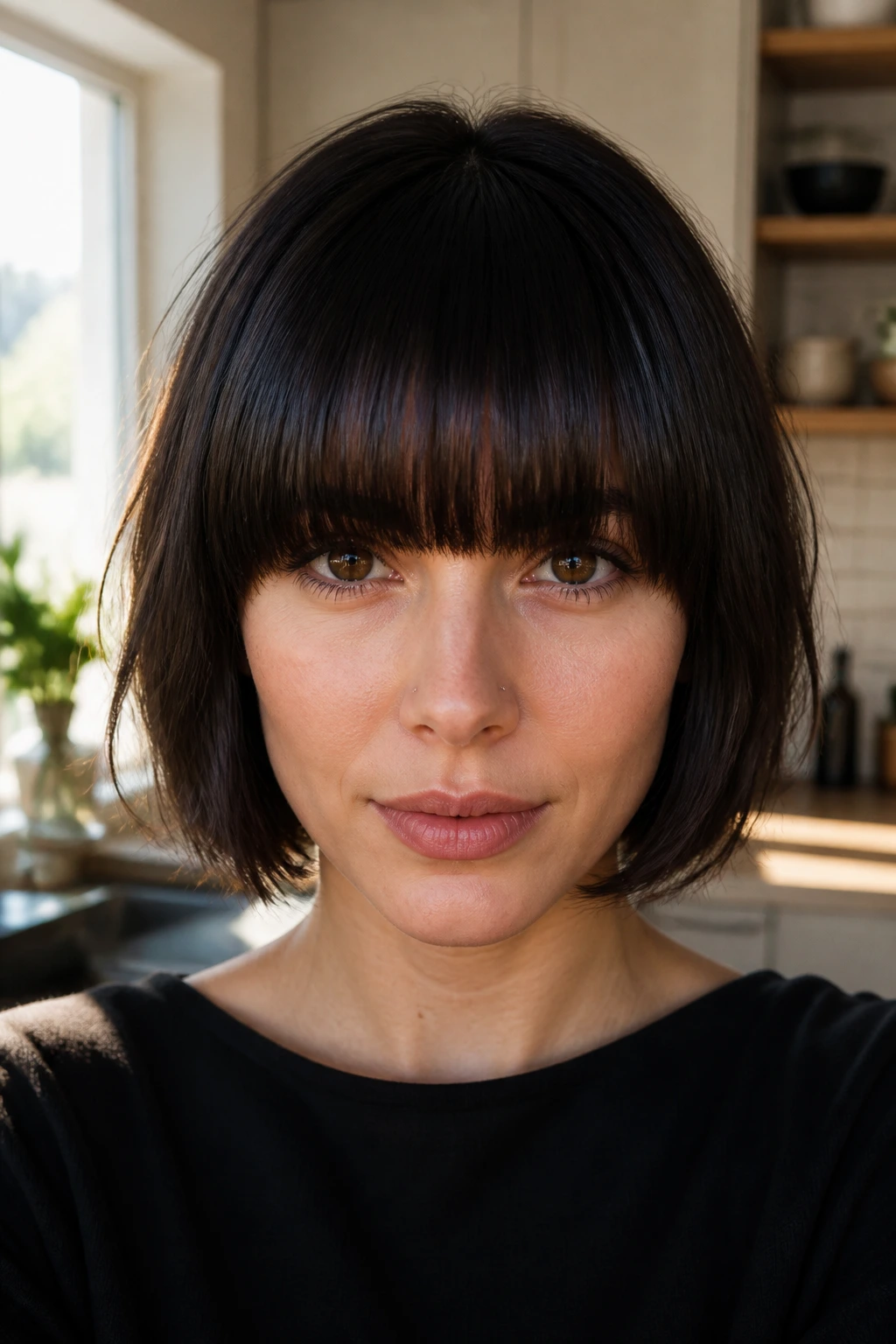 Close-up portrait of a real person with a heavy full fringe in warm kitchen light