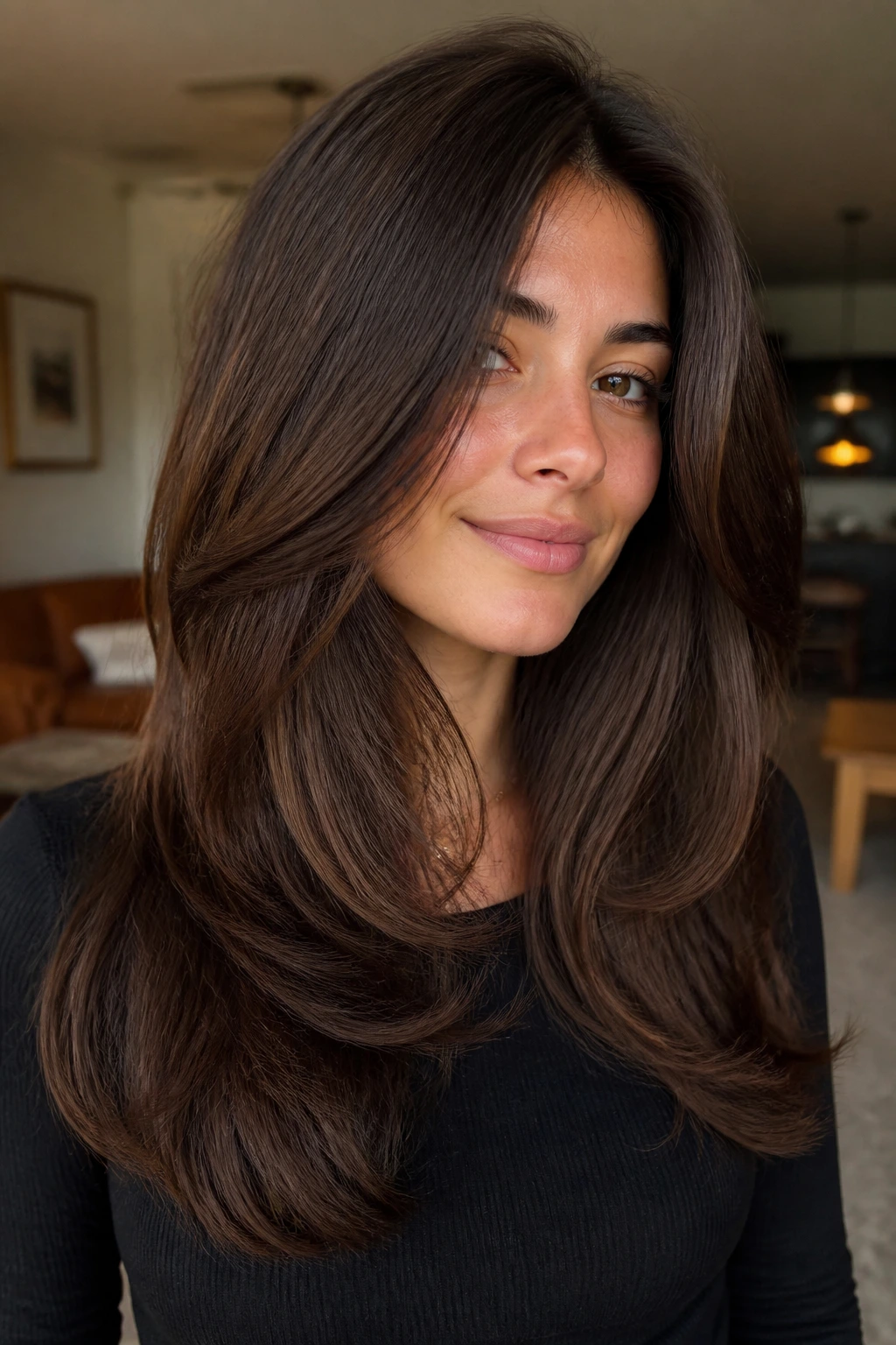 Portrait of a real woman with thick hair styled in heavy layers to reduce bulk.
