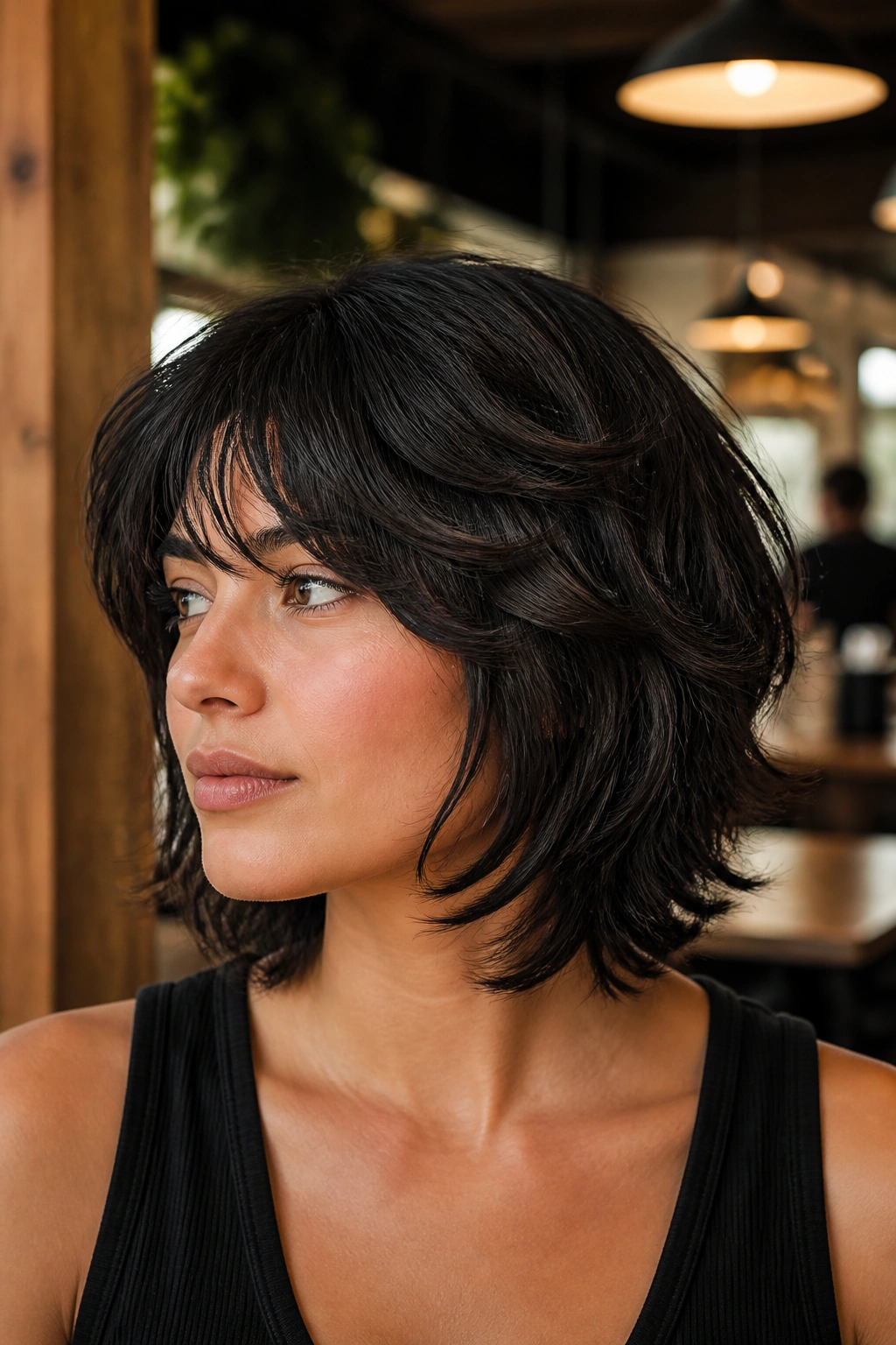 Portrait of a real person with heavy layered wolf cut on thick hair in a cafe.