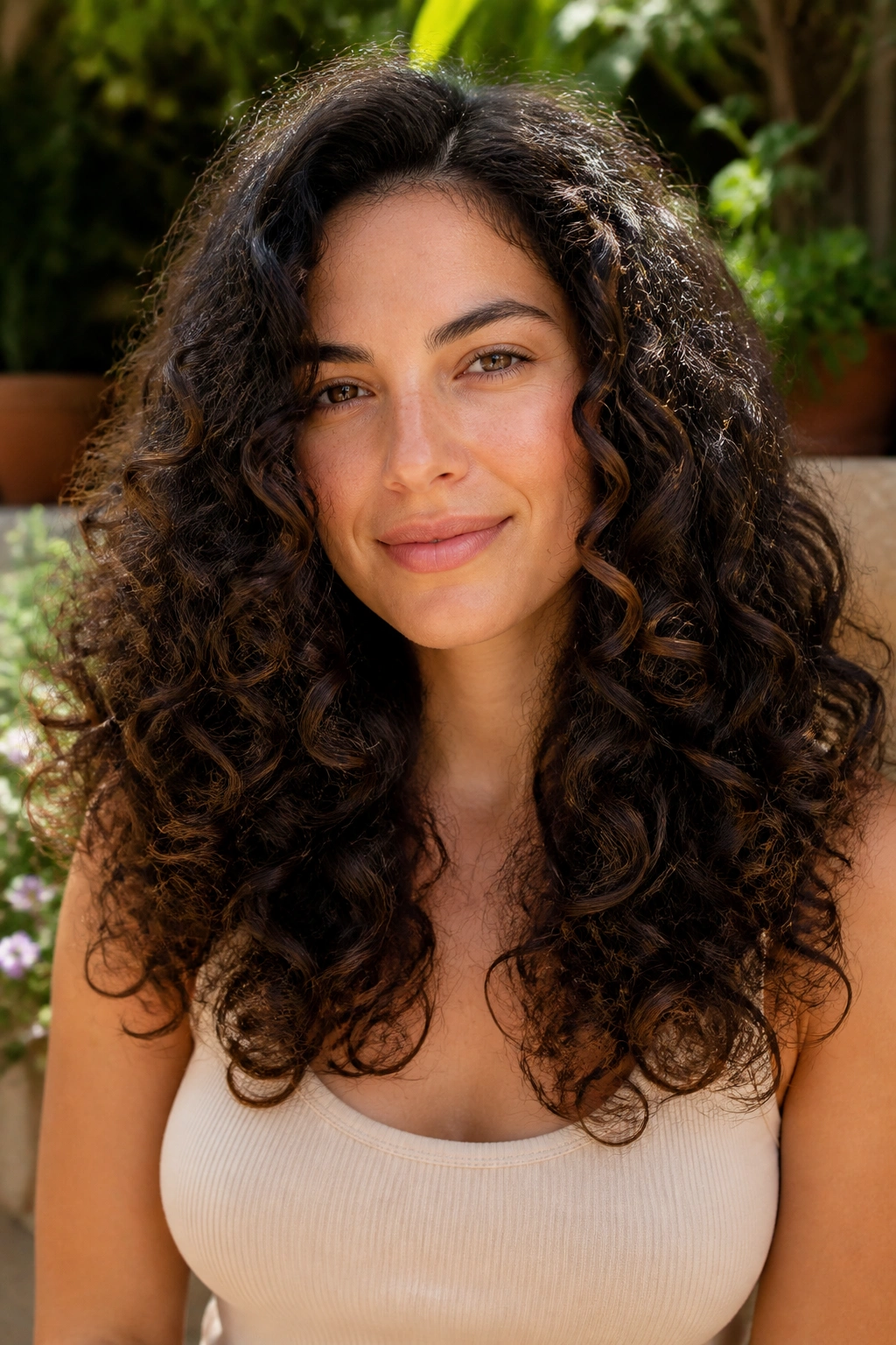 Real woman with long thick curls and heavy perimeter layers preserving length