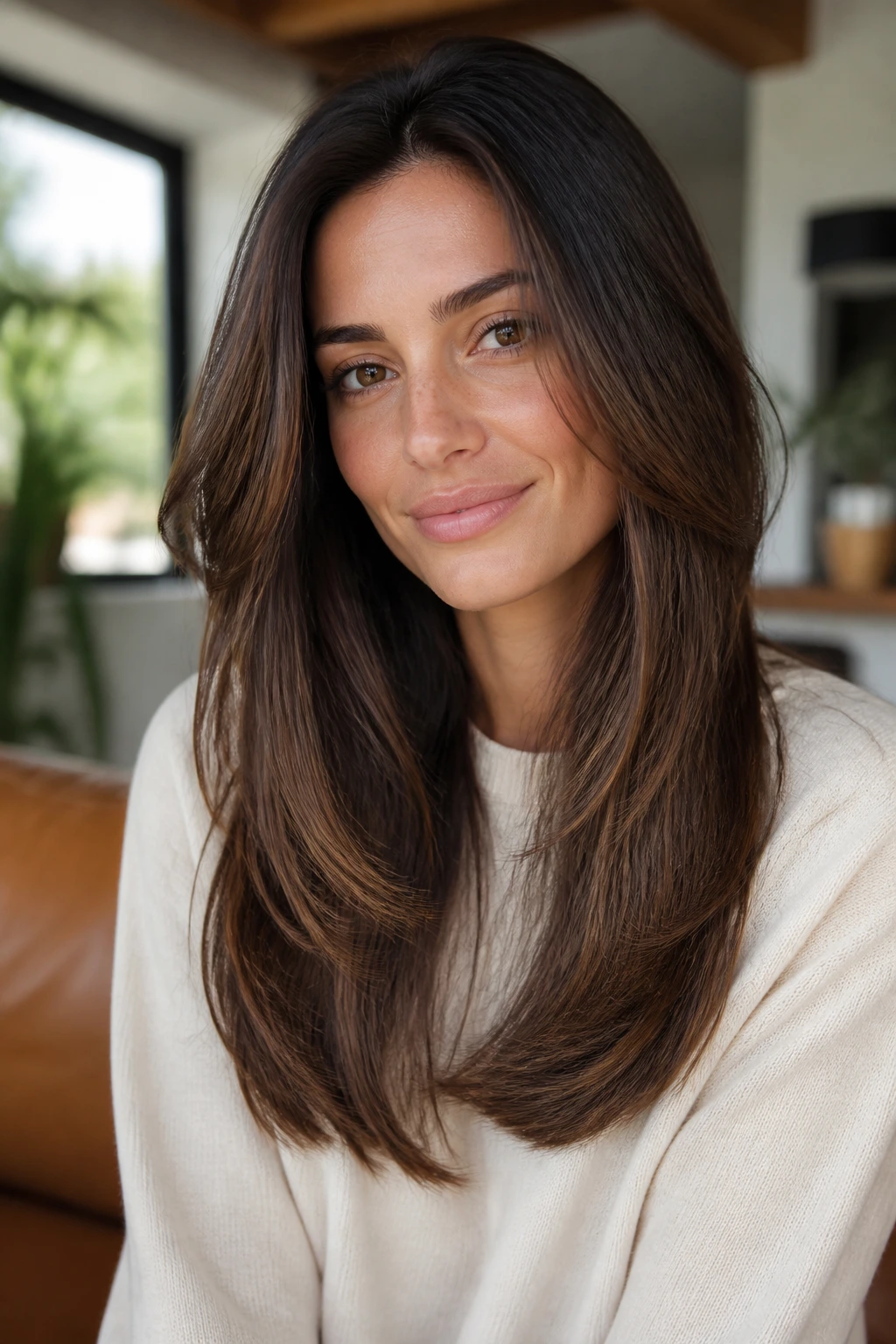 Portrait of a real woman with a heavy perimeter and soft interior layers in long hair
