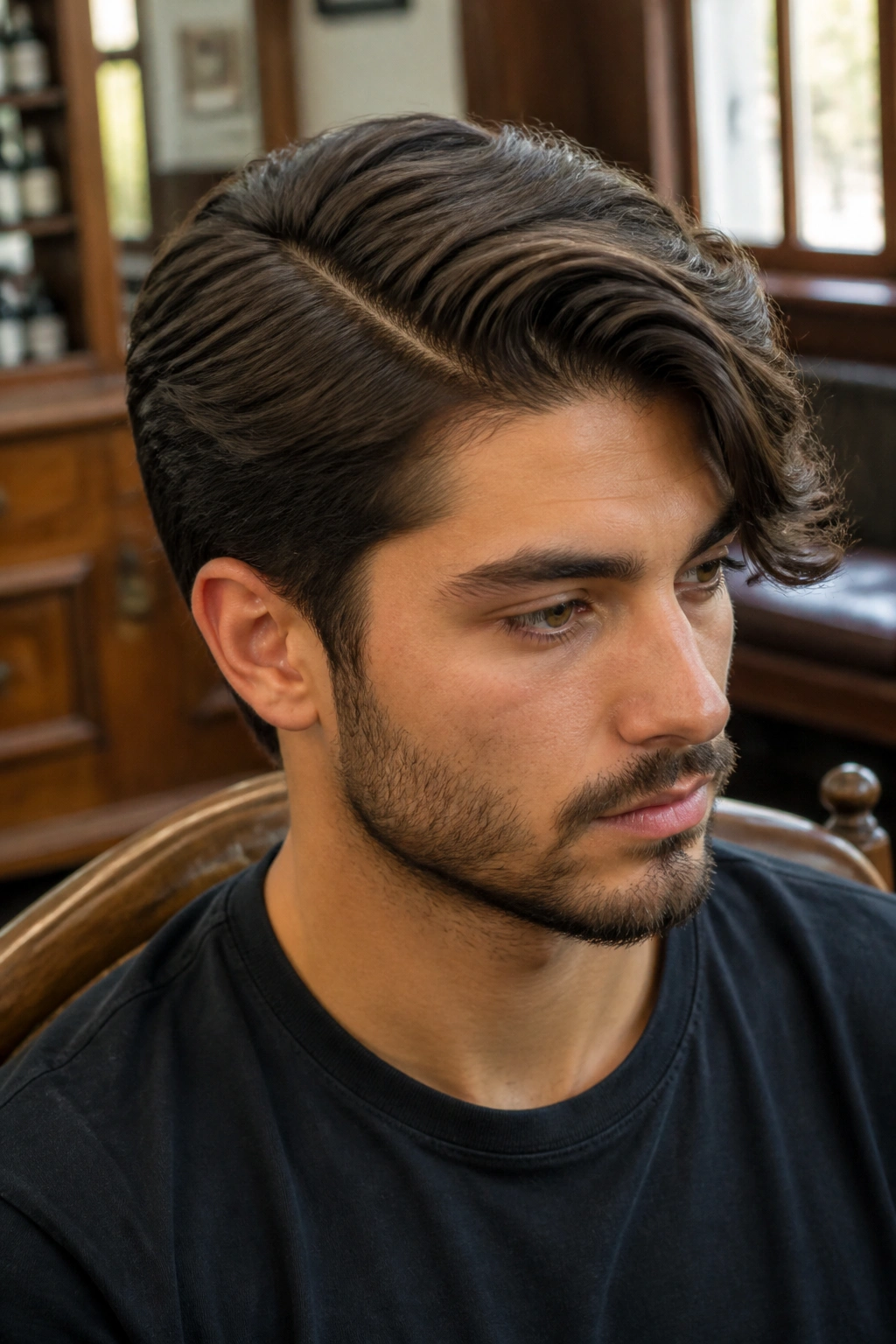 Close-up of a real man with thick hair styled in a heavy side part