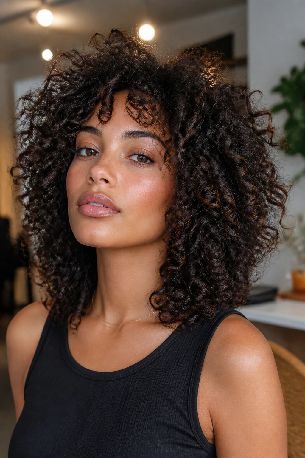 Close-up of a real woman with heavy-texture shag for thick coils