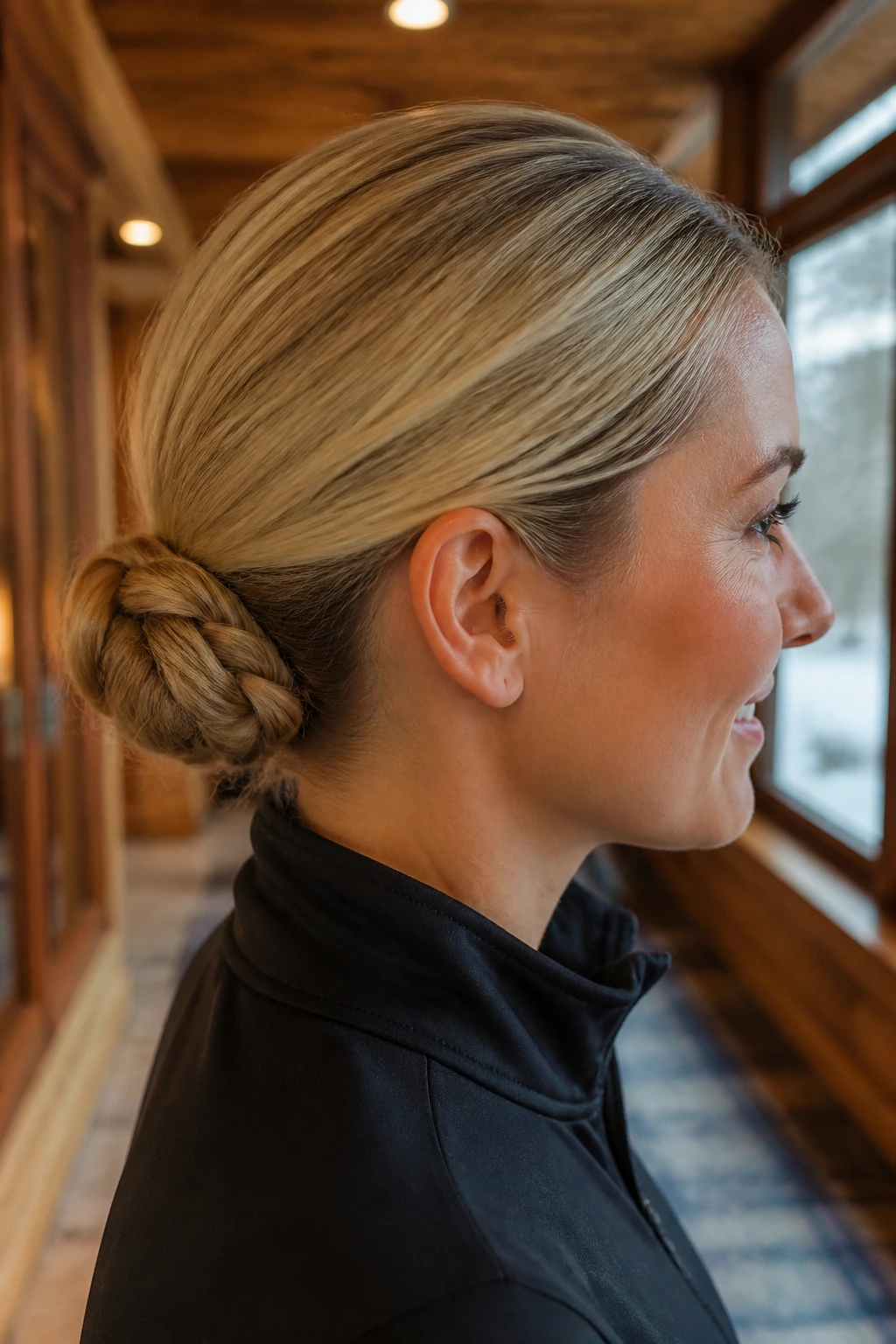 Close-up portrait of a real person with a flat, low bun at the nape, helmet-friendly ski hairstyle