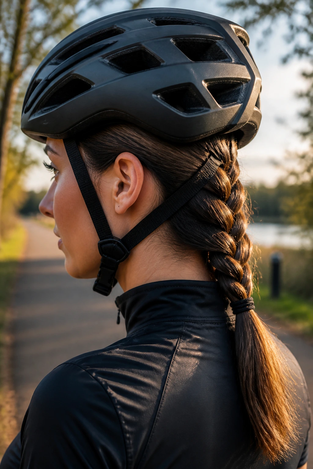 Helmet-ready French braid ponytail close-up on real athlete