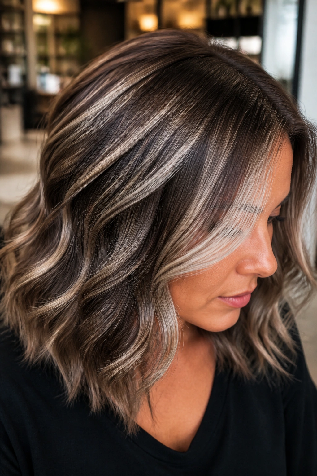 Close-up of a real person with diagonal herringbone silver highlights blending into medium brown hair