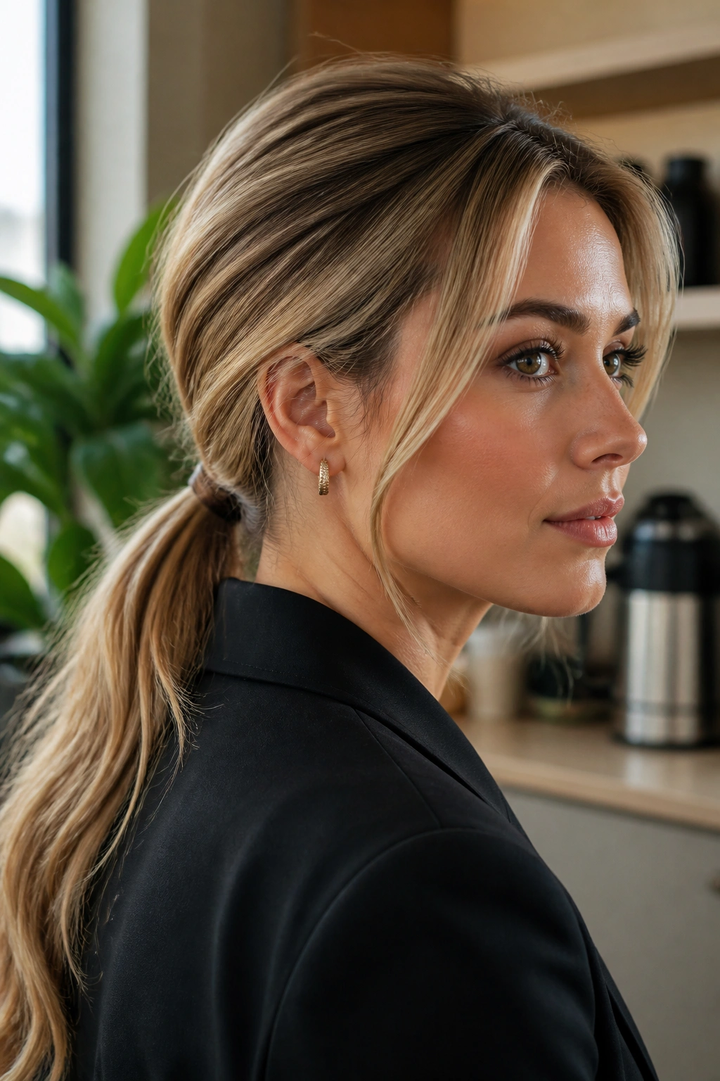 Real woman with hidden crown volume low ponytail in an office break room