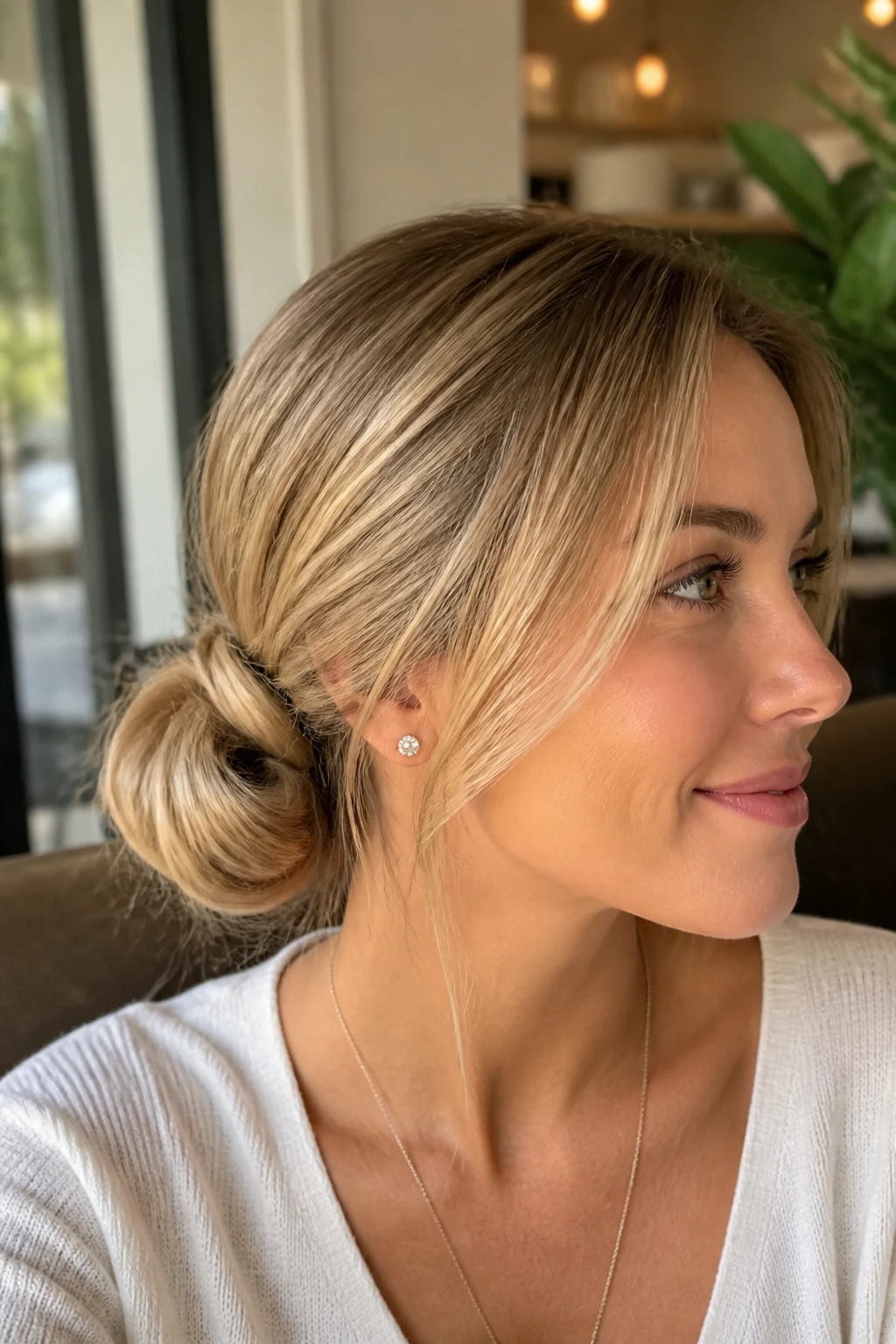 Close-up of a real woman with an offset side bun and hidden elastic behind the ear